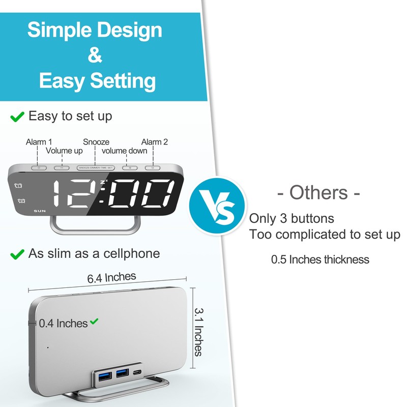 Slim LED Digital Alarm Clock, Mirror Surface for Makeup, with