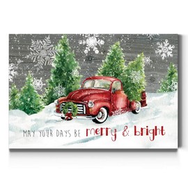 Renditions Gallery Merry & Bright Wall Art, Red Truck and Christmas Trees, White Snowflake, Festive Decorations, Premium Gallery Wrapped Canvas Decor, Ready to Hang, 32 in H x 48 in W, Made in America