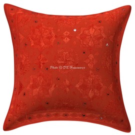 DK Homewares Cotton Indian Traditional Cushion Covers 40 x 40 cm Orange Mirrored Star Moon Embroidered Sofa Throw Cushion Covers 40 x 40 Square Home Decor Cushion Shams (Set of 5)