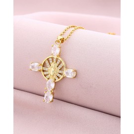 CILILI Virgin Mary Cross Necklace for Girls Women, 18K Gold Plated Lucky Protection Inspirational Jewellery Gifts for Mother Wife Daughter (White)