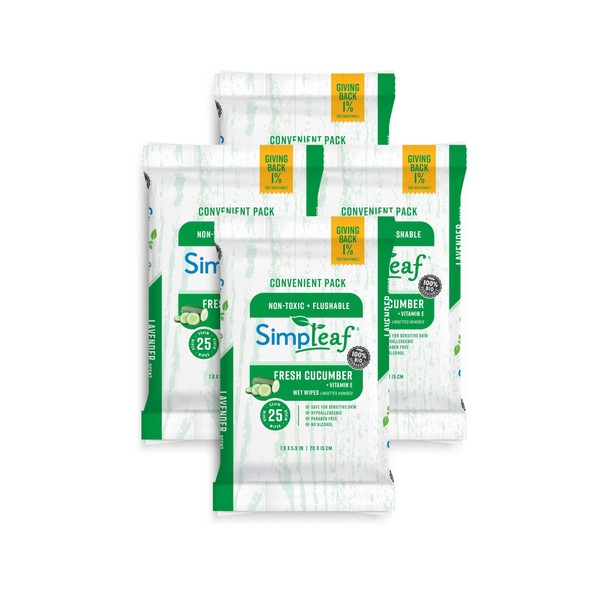 Simpleaf Flushable Wet Wipes Cucumber Eco-Friendly, Paraben & Alcohol Free | Hypoallergenic & Safe for Sensitive Skin | Soothing Aloe Formula | (4 x 25 Counts Convenient Pack) 100 Counts Total