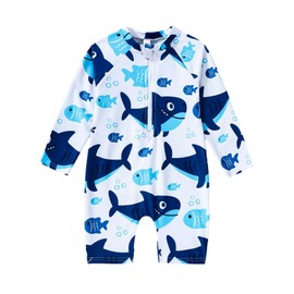 Baby Boy Swimsuit Infant Rashguard Swim Suit One Piece Long Sleeve Bathing Suits Cute Swimming Set for Boys 1-2T White Shark90