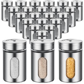 Dandat 24 Pcs Salt and Pepper Shakers Stainless Steel Spice Shakers with Adjustable Pour Holes and Glass Window 3.4oz Salt Dispenser Spice Jars with Rotating Lids for Sugar Seasoning Home