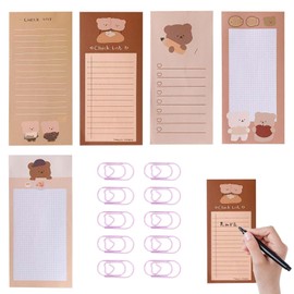 Sticky Notes, Cute Notepad, Set of 5, Memo Paper, Non-Stick Back, To Do List with Small Paper Clip, Memo Pad Paper, Bear Pattern, Cute Stationery, Korea, Kids, Elementary School Students, Office