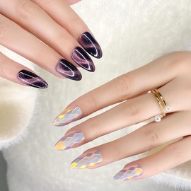 Fantasticlady Magnetic Glue On Nails Medium,summer,Almond,Pink Diamond Shape Striped Design,Cat Eye,Sturdy,UV Finish,Fall Season Acrylic Nail Kit for Women & Girls Daily Wear