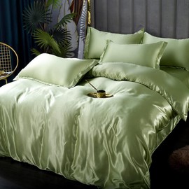 Amber Green Silk Like Satin Bedding Set Full Women Duvet Cover Set Luxury Soft Comforter Cover Adults Bedroom Decor Chic Luxurious Silky Bedspread Cover Zipper (1 Duvet Cover + 2 Pillow Case)