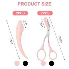 Adiwo 4 Pcs Eyebrow Trimmer Scissor, 2 Pcs Eyebrow Scissors with Comb and 2 Pcs Eyebrow Razor, Stainless Steel Beauty Tool, Professional Precision Eyebrow for Men and Women（Black and Pink）