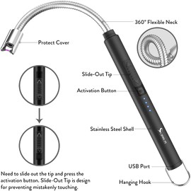 Candle Lighter SUPRUS Rechargeable Electric Arc Lighter Triple Safety Long Lighter Stainless Steel Shell & Hanging Hook with 360°Flexible Neck