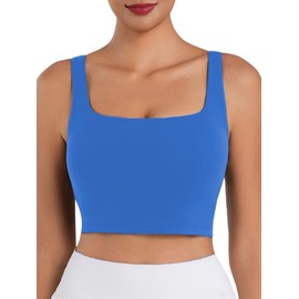 Sunzfly Square Neck Longline Sports Bra with Removable Pads Built in Bra Workout Crop Tank Top Wide Strap Short Yoga Camisole French Blue