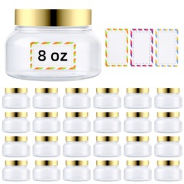Entjor 24 Pack 8 Oz Plastic Containers With Lids and Waterproof Label BPA Free - Refillable Transparent Cosmetic Containers for Body Butter,Sugar Scrubs,Cream,Lotions,Candy,Bath Salt (Gold)