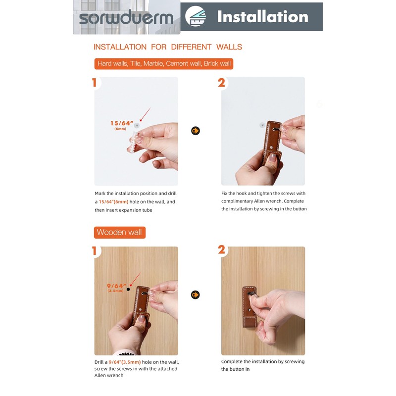 SORWDUERM 4 Pack Brown Leather Coat Hooks Wall for Hanging
