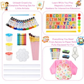 3-in-1 Adjustable Kids Art Easel with Magnetic Whiteboard, Chalkboard & 3 Paper Rolls, All-in-One Double Sided Wooden Painting Easel with Accessories for Toddlers and Kids Ages 3+