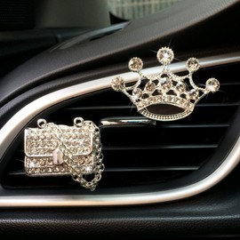 2 Pieces Crystal Crown and Bag Air Vent Clips Rhinestone Car Air Freshener Clip Bling Car Clip Gift Decorations Charm Car Inter Air Vent Decor Accessories for Girls Women