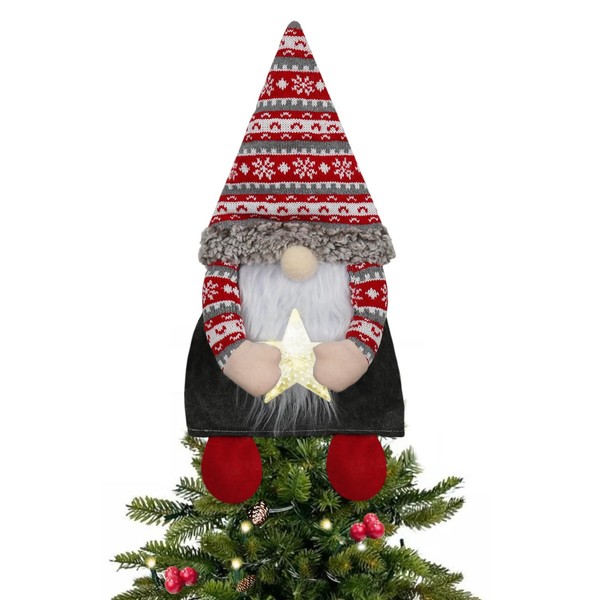 Christmas Tree Topper with Lights,Gnome Tree Topper with Lighted Star