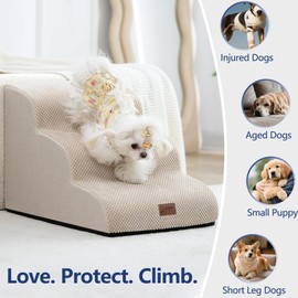 GoGoBunny Ramp Dog Stairs for Couch Sofa and Chair 15.7" H, 3-Step Pet Steps for Small Dogs and Cats, Non-Slip Waterproof Fabric Cover, Stable and Balanced Indoor Step, Pets Friendly, Beige
