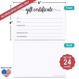 321Done Blank Gift Certificates - Made in USA (24 Cards) White Fill-in Simple Generic 4x6 Small Service Business, Beauty Spa, Salon, Holiday Birthday Voucher Coupon Minimalist Design