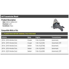 Left Automatic Transmission Mount - Compatible with 2014-2015 Honda Civic