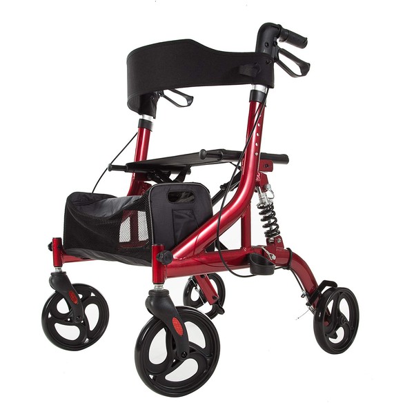 ELENKER Rollator Walker with Seat, Rolling Mobility Walking Aid, Shock Absorber and Carrying Pouch, Compact Folding Design, Fits for Elderly from 5’2”-6’5”, Supports up to 350 LBS (red)