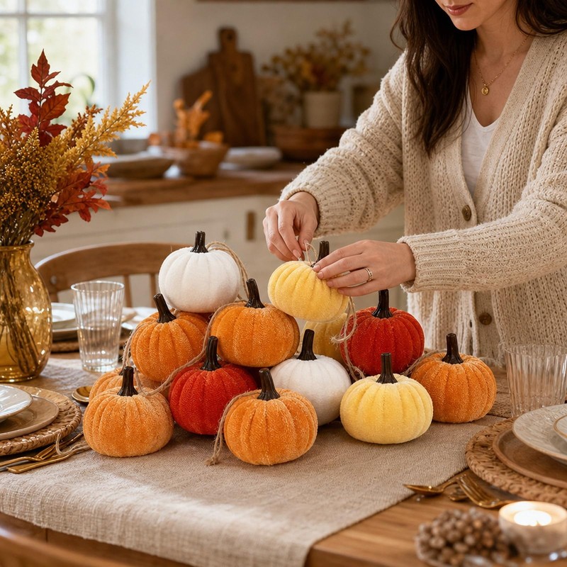 12 PCS Mini Pumpkins Decorations, Autumn Hanging Ornaments, Knitted Pumpkin