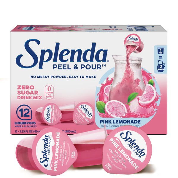 Splenda Peel and Pour Zero Calorie Drink Mix, Pink Lemonade, Naturally Flavored Sugar Free Concentrate, 12 Multi Serve Liquid Pitcher Pods