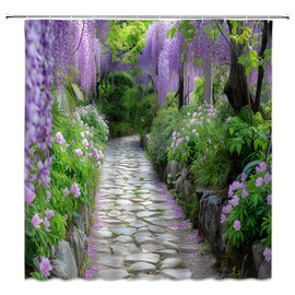 KTGHA Purple Wisteria Flower Shower Curtain Spring Garden Park Nature Landscape Blossom Floral Vine Leaves Polyester Fabric Bathroom Decor Set with Hooks(70" WX70 H)