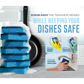 RSLIFE Blue Scrub Sponges Pack of 6 – Dual-Sided Kitchen Sponges for Cleaning – Non Scratch for Dishes, Bathroom, Surfaces – Durable Dishwashing Sponge