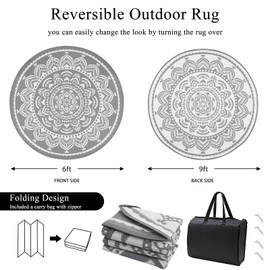 Bsmathom Round Outdoor Rug 6Ft, Waterproof Plastic Straw Rug, Reversible Portable Camping Rug Carpet Outside Area Rugs for Camping, RV, Picnic, Beach, Backyard, Pool Deck, Grey