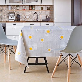 KP HOME PVC Wipe Clean Table Cloth Rectangular 200x140 cm / 78x55 In - Wipeable Tablecloth up to 6 Seats Waterproof Plastic Cover Kitchen Vinyl Oilcloth Grey Daisy Chamomile Flower Patchwork Design