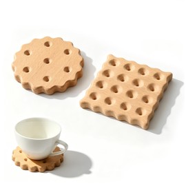 Wooden Biscuit-Shaped Coasters, Round and Square Cookie Style, Beechwood, 3.5 Inch, Set of 2