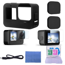 DIKER Silikon Schutzhülle für GoPro Hero 12 11 10 9 Black, GoPro Case mit Panzerglas, Objektivdeckel Schwarz