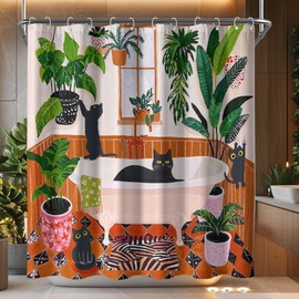 Funny Cat Shower Curtain Boho Cute Fun Black Cats Matisse Shower Curtains for Bathroom Kitten Green Tropical Plant Leaves Beige Brown Red Waterproof Fabric Bath Curtain Decor 72 X 72 Inches