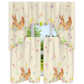 FuWeave 3 Pcs Easter Kitchen Curtains Bunny Egg Swag and Tiers Window Curtain Set Spring Rabbit Valance Printing Rod Pocket Curtain Farmhouse for Easter Kitchen 58 x 34'' Valance 29 x 34'' Tier(Beige)