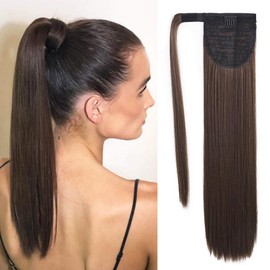 SEIKEA Clip in Ponytail Extension Wrap Around Straight Hair for Women (28", Dark Chocolate Brown)