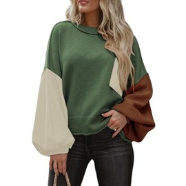 Dokotoo Christmas Sweaters Long Sleeve Lantern Pullover Sweater 2025 Crewneck Color Block Fashion Trendy Fall Sweaters for Women 2025 Womens Sweaters Mist Green