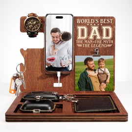 Fastpeace Worlds Best Dad Gifts, Phone Docking Station for Dad with Photo Clip, Nightstand Organizer for Men, Fathers Day Desk Gifts, Wooden Docking Station Men, Dad Gifts, Dad Birthday Gift