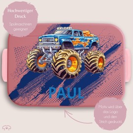 Children's Bento Box Midi for Mepal Bento Box - Car - Lunch Box Monster Truck with Name Lunch Box Monster Truck Boys Gift First Day at School Trucks - 900 ml - Pink - Lunch Box School Boy Gifts