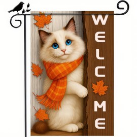 BlissYard Thanksgiving Fall Garden Flag 12x18 Inch Welcome Blue Eyed Cat Outdoor Flag Double Sided Autumn Kitten Yard Banner with Orange Scarf Pet Decor for Porch Lawn Patio