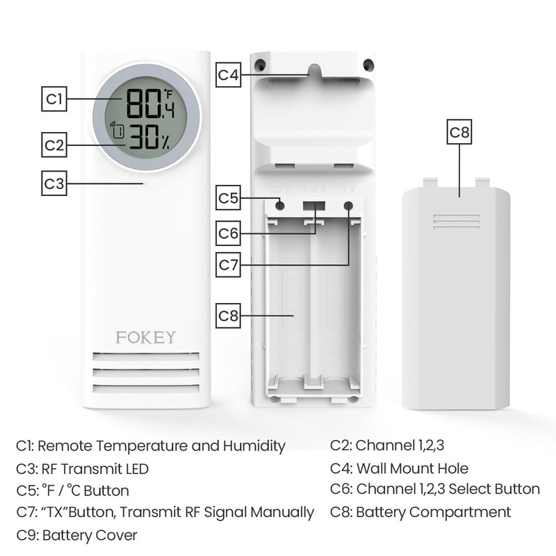 Fokey Remote Sensor Indoor Outdoor Thermometer Wireless for Z2 Weather