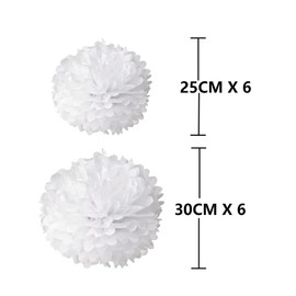 White Hanging Tissue Paper Pom Poms for Birthday Wedding Decorations（6Pcs 12in & 6Pcs 10in）