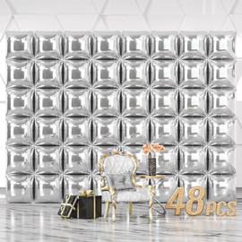 NISOCY 48PCS Metallic Silver Square Foil Balloons Wall Backdrop Chrome Silver Balloons Tunnel Garland Arch Kit for Anniversary Bachelorette Birthday Engagement Bridal Baby Shower Party Decorations