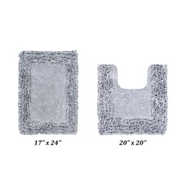 Better Trends Shaggy Border Collection, 2 Piece (17" x 24" | 20" x 20") Bathroom Set, Rectangle and Contour Rug, 100% Cotton Silver Bath Mat, Water Absorbent Doormat