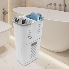 Laundry Basket, 3-Tier Movable Household Laundry Basket, Bathroom Clothes Storage Basket, Floor-Standing Large Hand-held Laundry Basket with Handle and 4 Wheels for Bedroom, Bathroom