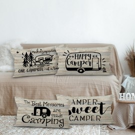 SiuSue Decorative Pillow Cover, 4 Set, 20 x 12 Inch, Vintage Wood Grain Camper, Polyester, Print, Camping, Zipper, Welcome, RV Cushion Cover for Sofa Couch Bed