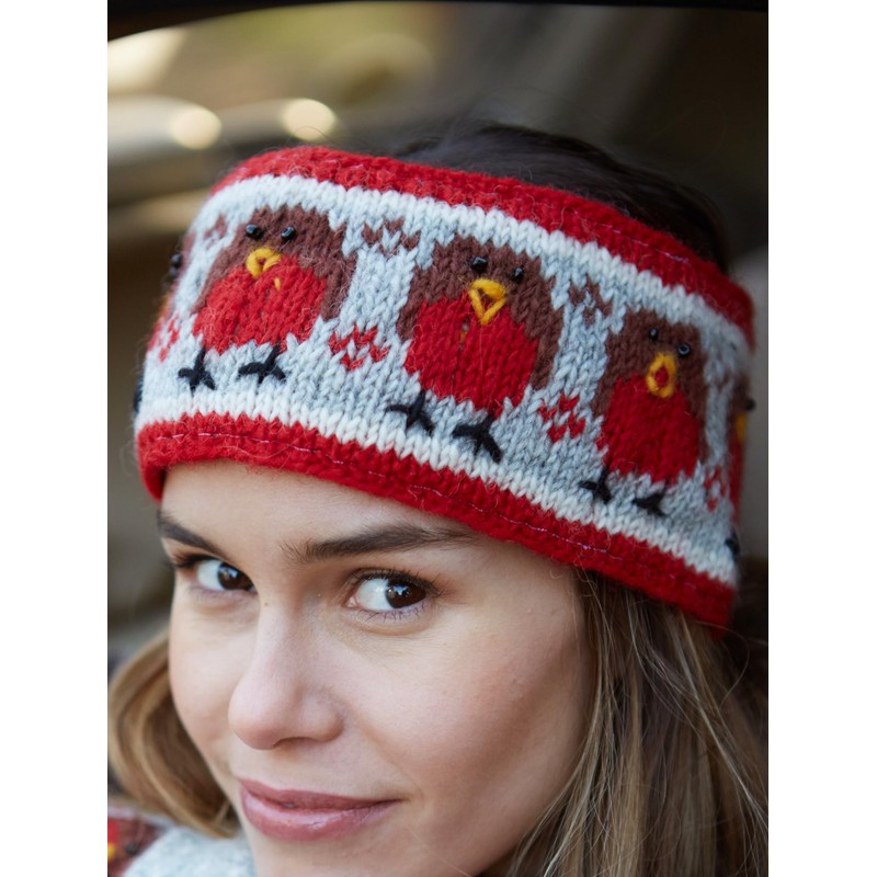 Pachamama Women Wool Ear Warmer Headband Fleece Lined Handknitted Robin
