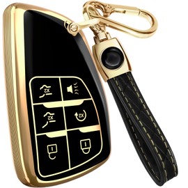 Lucrum Compatible with Chevy, GMC, and Buick Key Fob Cover & Leather Keychain - Keyfob Case for Silverado Tahoe Avenir Envision - (2021-2025) - Black and Gold