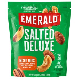 Emerald Salted Deluxe Mixed Nuts (1-Pack) | 36oz Resealable Bulk Bag | Features Cashews, Almonds, Walnuts, Brazil Nuts, Pecans | Plant-Based Protein | No Artificial Flavors, Preservatives, or Synthetic Colors