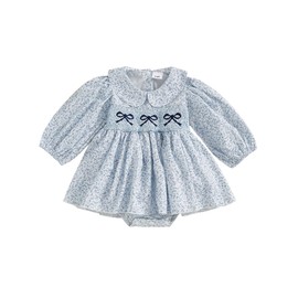 ZZLBUF Baby Girl Clothes Short/Long Sleeve Bow Floral Romper Dress Bubble Bodysuit Newborn Infant One-Piece Outfits (Long Sleeve Blue, 3-6 Months)