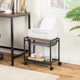 HOOBRO Mobile Printer Stand, 2-Tier Printer Cart with Storage Shelf, Adjustable Metal Mesh Basket, Machine Cart on Wheels, Industrial Style in Home Office, Rustic Brown and Black BF12PS01