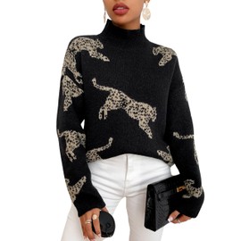 WDIRARA Women's High Neck Sweater Leopard Pattern Long Sleeve Fuzzy Knitted Pullover Top Black Animal Medium