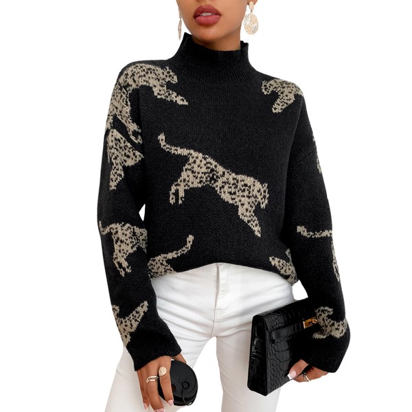 WDIRARA Women's High Neck Sweater Leopard Pattern Long Sleeve Fuzzy
